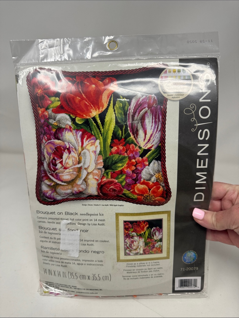 DIMENSIONS BOUQUET ON BLACK NEEDLEPOINT KIT USE AS PILLOW OR FRAME FLOWERS